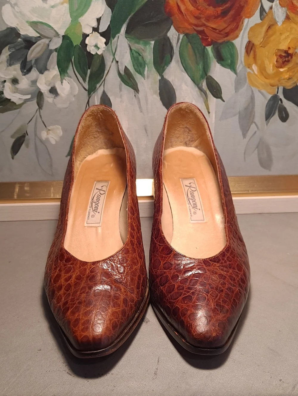 Vintage 70s Alamlfi Rangoni Monica Croc Embossed Brown Leather Pumps 8.5W Rare